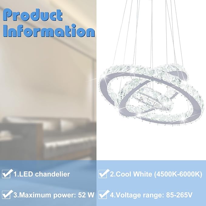 Crystal Chandeliers Modern LED 3 Ring Chandelier Adjustable Ceiling Light Fixtures Pendant Lighting Stainless Steel Hanging Lights for Living Room Dining Room Bathroom Bedroom, Cold White (Round)