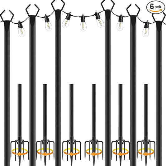 AILBTON 10Ft String Light Poles 6 Pack,Light Poles for Outside Lights,Outdoor with Fence Brackets Hanging Lights,Metal Stand Deck Patio Backyard