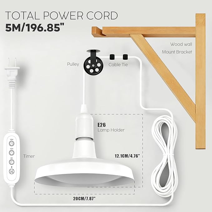 Hanging Grow Light with Wood Wall Mount Bracket, 30W Full Spectrum Plant Light with Pulley, Timer and 16.4FT Power Cord, Ideal for Indoor Growing and Flowers
