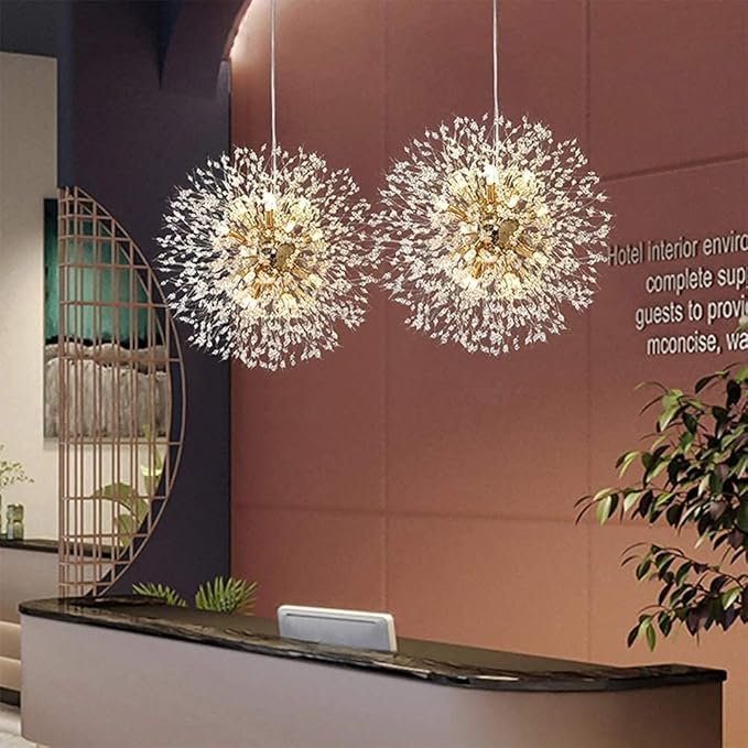 Modern Dandelion Firework Chandelier, Gold Dining Room Chandelier, Crystal Hanging Pendant Lighting Fixture for Living Room, Bathroom, Bedroom, Restaurant, 16-Light