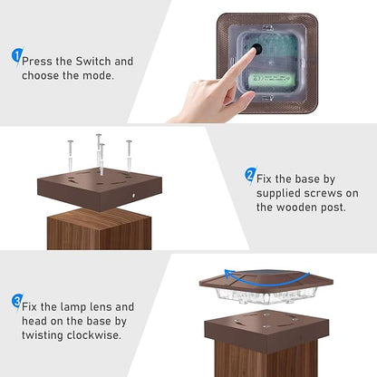 Peasur 6 Packs 4x4 Post Solar Lights with 3 Modes, Waterproof LED Solar Cap Lights for 4×4/3.5×3.5 Wood/Vinyl Posts, Brown Post Top Lighting Outdoor for Fence Deck Mailbox Porch Railing