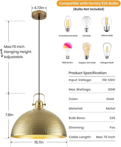 1 Pack Gold Pendant Light 16 inch, Hammered Large Dome Pendant Light, Industrial Farmhouse Pendant Lights Kitchen Island, Gold Island Pendant Lights for Kitchen, Dining Room Living Room
