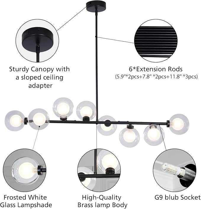 Black Sputnik Chandelier, 8 Lights Modern Bubble Chandelier with Double Glass Lampshade, Mid Century Globe Pendant Lights for Dining Room Kitchen Island - Black