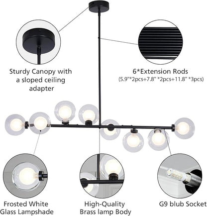 Black Sputnik Chandelier, 8 Lights Modern Bubble Chandelier with Double Glass Lampshade, Mid Century Globe Pendant Lights for Dining Room Kitchen Island - Black