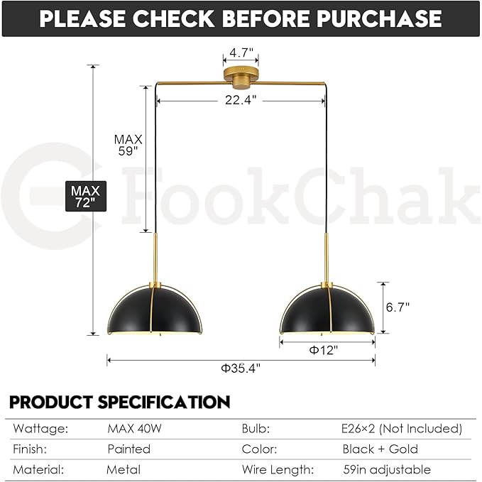 Black Dome Pendant Light 2 Light Socket Large Pendant Light Fixture with Adjustable Pendant Cord Black Gold Pendant Lighting for Kitchen Island Dining Room Kitchen Sink