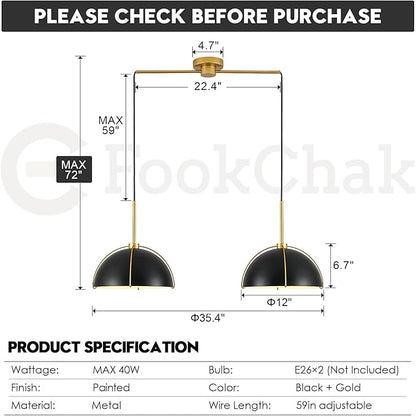 Black Dome Pendant Light 2 Light Socket Large Pendant Light Fixture with Adjustable Pendant Cord Black Gold Pendant Lighting for Kitchen Island Dining Room Kitchen Sink