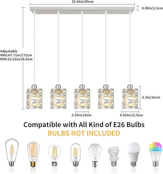Brushed Nickel Pendant Lights for Kitchen Island, 5-Light Chandelier for Dining Room, Hanging Linear Chandeliers, Modern Dining Room Light Fixtures Pendant Light with Clear Glass Shades