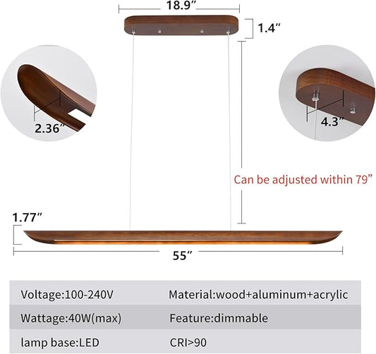 55" Wood Linear Pendant Light, Dimmable Kitchen Island Lighting with Remote, 40W LED Island Lights for Kitchen, Adjustable Linear Chandelier for Dinning Room Light Fixture, Bar, Pool Table Light