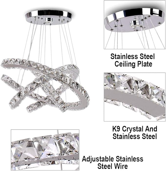 Finktonglan Modern Crystal Chandeliers 3C Rings Led Pendant Lamp Adjustable Stainless Steel Ceiling Lighting Fixture for Living Room Dining Room Bedroom Cool White