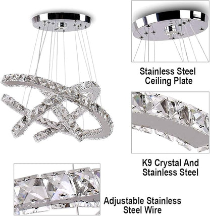 Finktonglan Modern Crystal Chandeliers 3C Rings Led Pendant Lamp Adjustable Stainless Steel Ceiling Lighting Fixture for Living Room Dining Room Bedroom Cool White