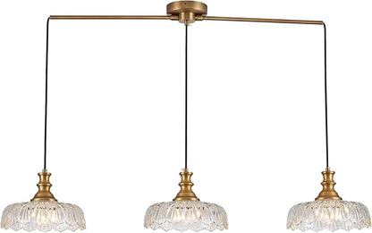 HDDFL Vintage Pendant Lighting Fixtures Modern Glass Hanging Lamp with Adjustable Cord for Kitchen Island Dining Room Hallway 3 Light Brass and Clear