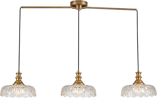 HDDFL Vintage Pendant Lighting Fixtures Modern Glass Hanging Lamp with Adjustable Cord for Kitchen Island Dining Room Hallway 3 Light Brass and Clear