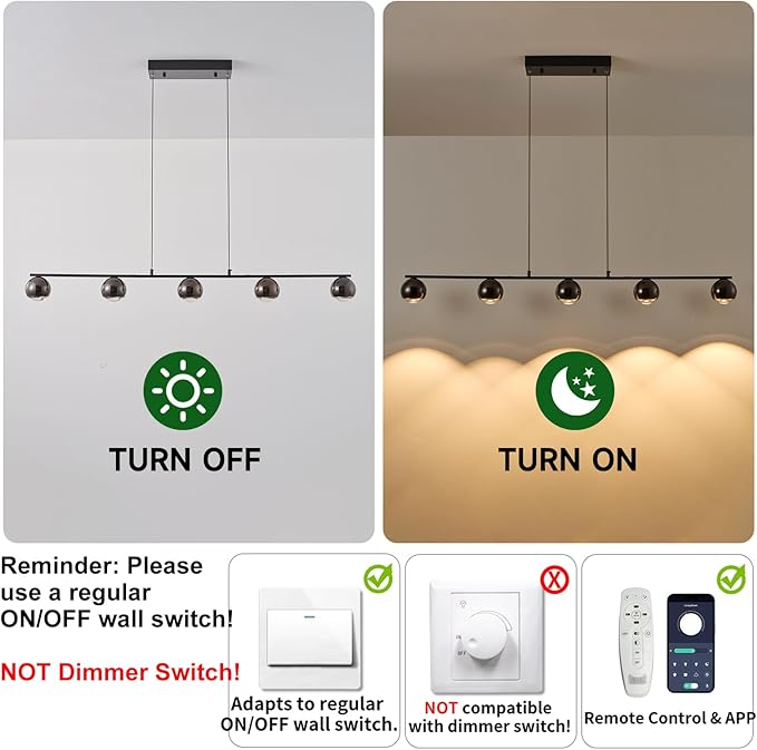 ORANOOR Modern LED Pendant Lights, Dimmable 47in Linear Globe LED Chandelier Lighting, Black & Gold Dining Room Hanging Light Fixtures Kitchen Island 5-Globe Pendant Light for Dining Table (3150lm)