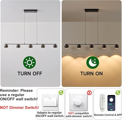 ORANOOR Modern LED Pendant Lights, Dimmable 47in Linear Globe LED Chandelier Lighting, Black & Gold Dining Room Hanging Light Fixtures Kitchen Island 5-Globe Pendant Light for Dining Table (3150lm)