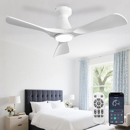 DLLT 42-Inch Ceiling Fans with Lights: Flush Mount Ceiling Fan 3 Blades for Indoor Outdoor - White Ceiling Fan with Remote APP Control Noiseless for Low Profile Bedroom