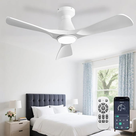 DLLT 42-Inch Ceiling Fans with Lights: Flush Mount Ceiling Fan 3 Blades for Indoor Outdoor - White Ceiling Fan with Remote APP Control Noiseless for Low Profile Bedroom