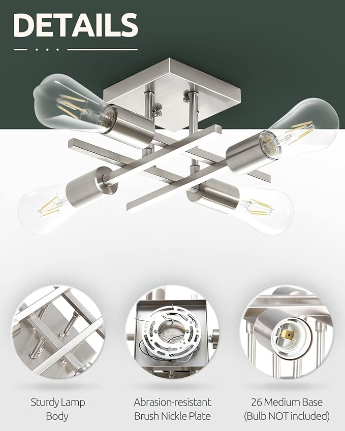 Industrial 4-Light Semi Flush Mount Ceiling Light Fixture, Modern Brushed Nickel Chandelier Lighting, Farmhouse E26 Base Sputnik Ceiling Lamp for Kitchen Bedroom Living Room Entryway, 2 Pack