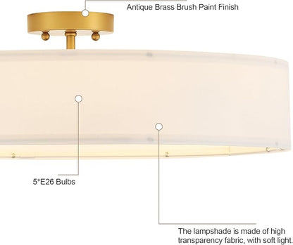 VILUXY Gold Semi-Flush Mount Ceiling Light Fixture with 24" Large White Fabric Drum Shade 5-Light for Bedroom Dining Room Entryway Round Ceiling Lamps