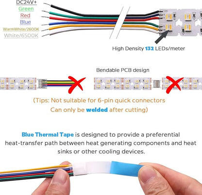 Bright Double Row Bendable RGBCCT 5in1 LED Strip 24V 660LEDs Micro Serrated And Center Cutout PCB Flexible S LED Strip RGB+W+WW 5 Colors In 1 LED (20mm Wide) 16.4ft (Dual Row 660LEDs IP20)