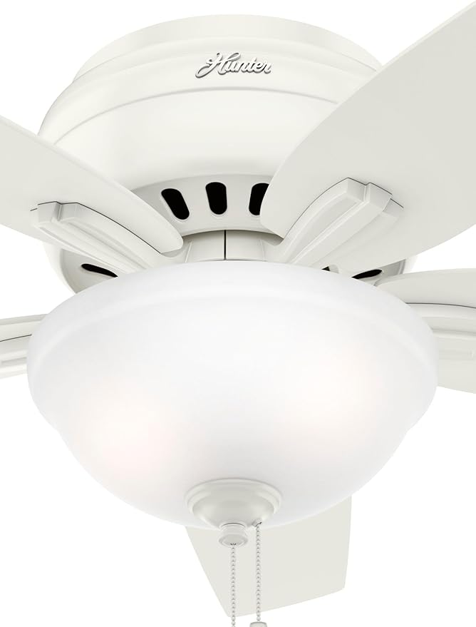 Hunter 42 inch Indoor Ceiling Fan with LED Light - White Ceiling Fan with Pull Chain, For Bedroom or Living Room, Low Profile Flush Mount, No Remote, 5 Blades - Newsome 51080, Fresh White