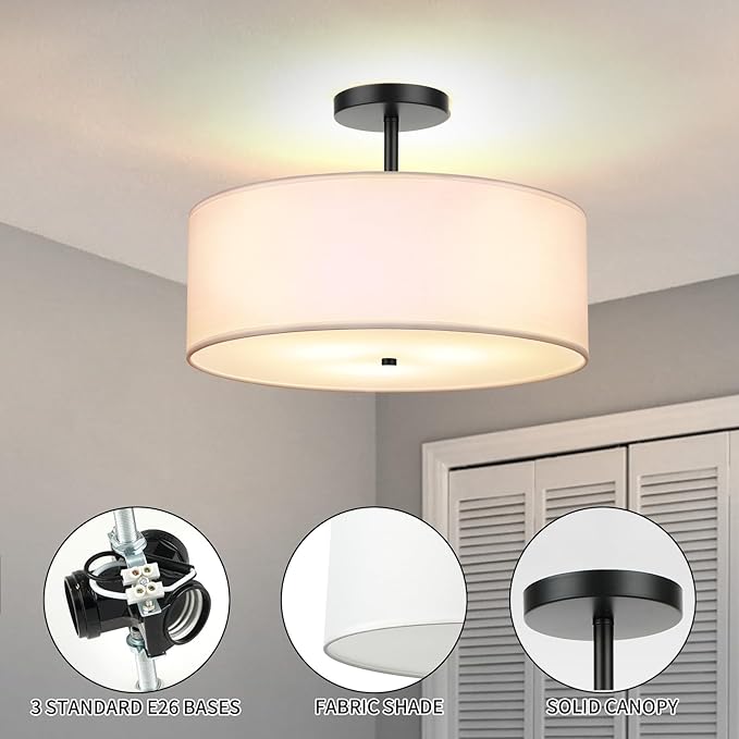 FRIDEKO HOME 3-Light Semi Flush Mount Ceiling Light, 15.74" Black Drum Light Modern with White Fabric Shade Lamps for Bedroom Living Room Kitchen Hallway Entryway Foyer