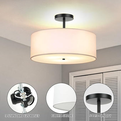 FRIDEKO HOME 3-Light Semi Flush Mount Ceiling Light, 15.74" Black Drum Light Modern with White Fabric Shade Lamps for Bedroom Living Room Kitchen Hallway Entryway Foyer