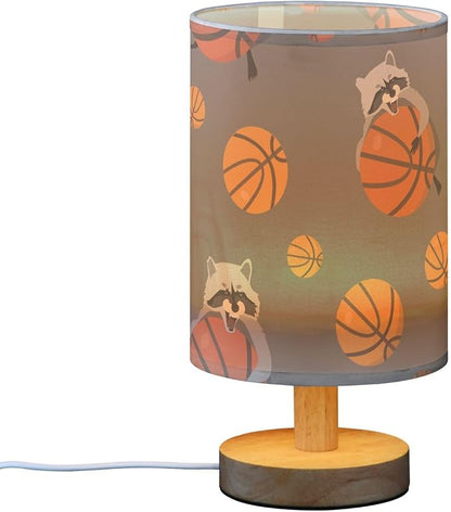 Table Lamp Raccoon Basketball Pattern On Grey Nightstand Lamp with Wood Base Fabric Lamp Shade Bedside Desk Lamp for Living Room Bedroom Kids Room Office