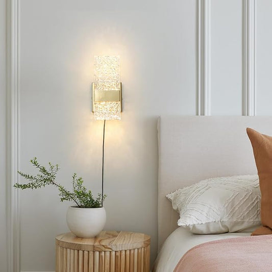 Plug in Wall Sconce Set of 2 - Small Gold Dimmable Bedroom Wall Light, Remote Control 6W LED 3000K-5000K Plug-in Wall Lamp with Timer, Acrylic Sconce Wall Lighting Bedside, Living Room, Bathroom