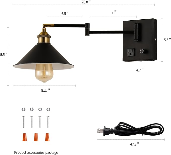 Bedside Wall Mount Light with Dimmable Switch and Outlet, Swing Arm Metal Shade Wall Sconce Light with USB Port and Plug in Cord, Black Wall Lamp for Bedroom, Living Room and Hotel