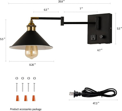 Bedside Wall Mount Light with Dimmable Switch and Outlet, Swing Arm Metal Shade Wall Sconce Light with USB Port and Plug in Cord, Black Wall Lamp for Bedroom, Living Room and Hotel