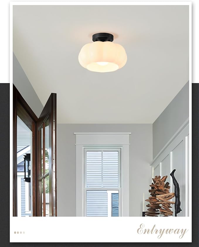Vintage Semi Flush Mount Ceiling Light,Mid Century Modern Ceiling Lights,10 Inch Milk White Glass Shade with a Black Base,for Bedroom,Kitchen,Hallway,Entryway