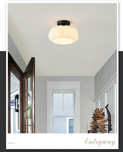 Vintage Semi Flush Mount Ceiling Light,Mid Century Modern Ceiling Lights,10 Inch Milk White Glass Shade with a Black Base,for Bedroom,Kitchen,Hallway,Entryway