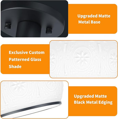 Matte Black Semi Flush Mount Ceiling Light with Milk Glass Shade, Hallway Lighting Fixtures, Vintage Ceiling Light for Kitchen, Bedroom, Closet, Entryway, Porch
