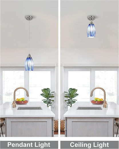 karyfine Mini Art Glass Dark Blue Pendant Lights Kitchen Island Hand Blown Mini Glass Pendant Lights with Brush Nickel Finish Adjustable Cord for Kitchen Over Sink,Hallway,Dining Room,Stairsway