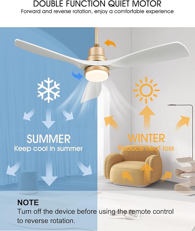 White and Gold Ceiling Fans with Lights and Remote, 52inch Modern Gold Ceiling Fan ETL Listed, 3 Downrods, 3 blades Gold Fan Reversible Quiet DC Motor, Timer,6-Speed for Outdoor Indoor,52in,White Gold