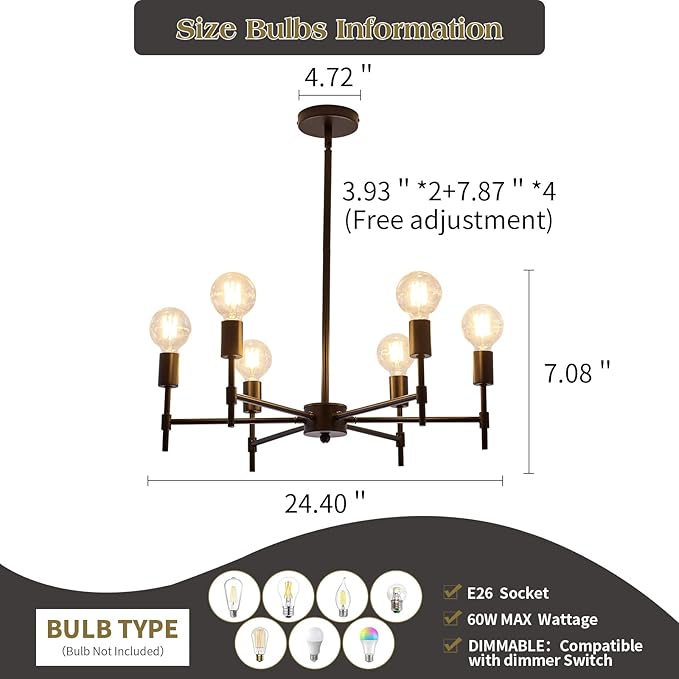 ASGYISA 6-Ceiling Light Black Sputnik Chandelier Metal Modern Semi Flush Mount Fixture Pendant Lights Industrial Farmhouse for Bedroom Kitchen Dining Room Living Room Laundry Room E26 Base
