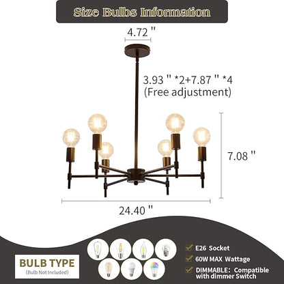 ASGYISA 6-Ceiling Light Black Sputnik Chandelier Metal Modern Semi Flush Mount Fixture Pendant Lights Industrial Farmhouse for Bedroom Kitchen Dining Room Living Room Laundry Room E26 Base