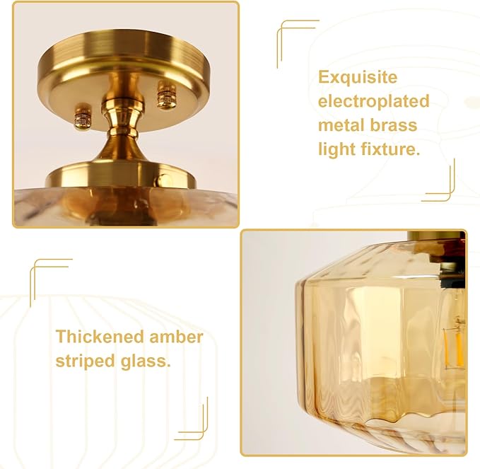 2-Pack Amber Glass Semi Flush Mount Ceiling Light, 11.02" Mid Century Modern Gold Close to Ceiling Light Fixtures, Farmhouse Flush Mount Lamps for Bedroom Hallway Kitchen Entryway Foyer