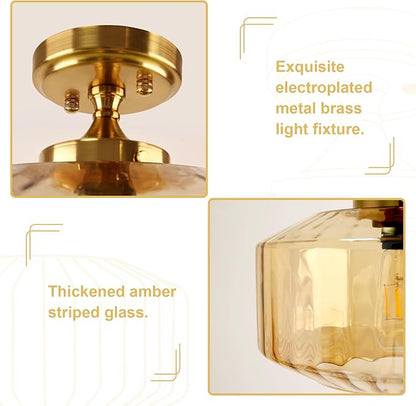 2-Pack Amber Glass Semi Flush Mount Ceiling Light, 11.02" Mid Century Modern Gold Close to Ceiling Light Fixtures, Farmhouse Flush Mount Lamps for Bedroom Hallway Kitchen Entryway Foyer