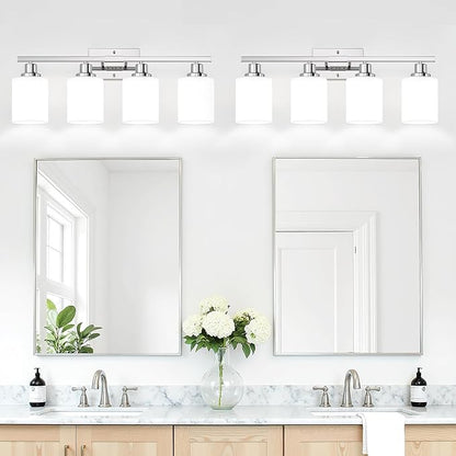 MOKATNG 4-Light Vanity Light with Milky White Shades, Chrome Bathroom Lighting Fixtures Over Mirror, Modern Bathroom Wall Lamp for Mirror Living Room Cabinet Bedroom