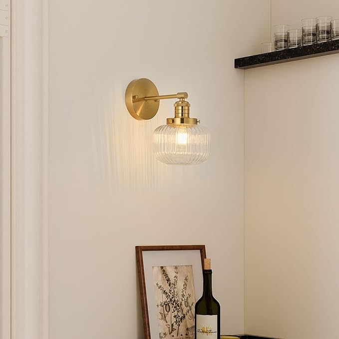 Vintage Wall Sconce Set of 2,Hard Wired Sconce with Clear Ribbed Glass Shade,Indoor Wall Mounted Lamp for Bedroom Living Room Bathroom Hallway