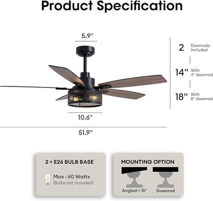 Ceiling Fans with Lights and Remote Control, Ceiling Fan for Bedroom Living Room (52 Inch Black-1)