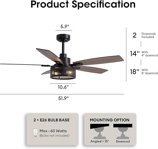 Ceiling Fans with Lights and Remote Control, Ceiling Fan for Bedroom Living Room (52 Inch Black-1)