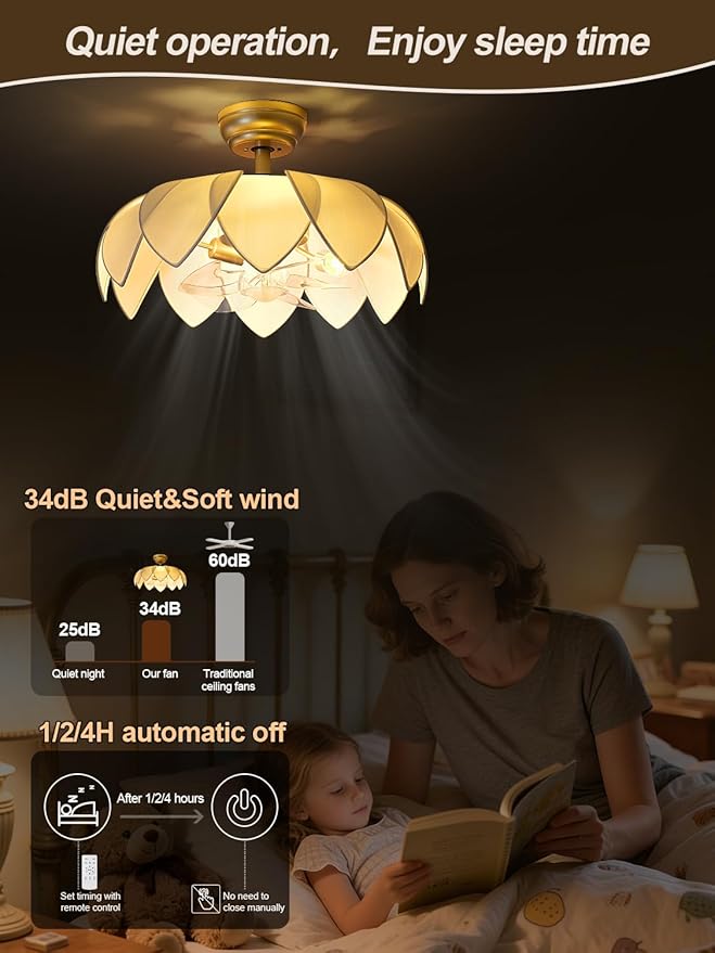 ainqiant 20" Gold Fandelier Ceiling Fans with Lights,Flower Chandelier Ceiling Fan with Light and Remote Control, Boho Fandelier with 6 Speeds for Bedroom, Nursery, Living Room
