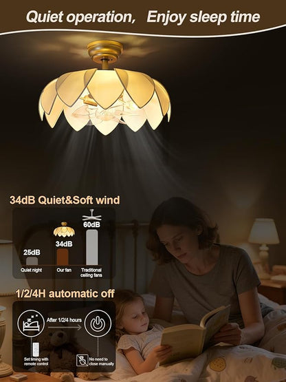 ainqiant 20" Gold Fandelier Ceiling Fans with Lights,Flower Chandelier Ceiling Fan with Light and Remote Control, Boho Fandelier with 6 Speeds for Bedroom, Nursery, Living Room