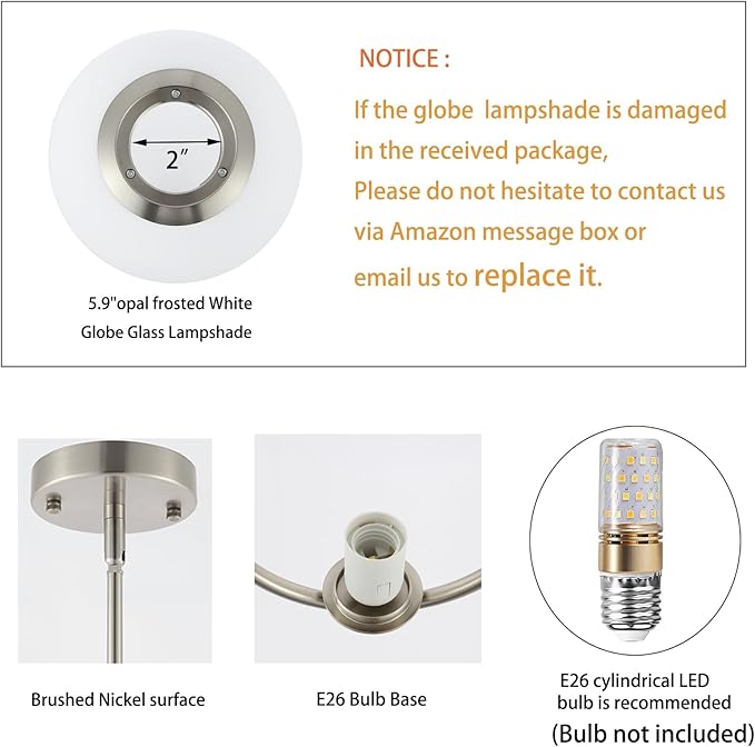 BYOLIIMA Modern Globe Pendant Light Brushed Nickel Chandelier 1-Light Mid Century Ceiling Hanging Lighting Fixture White Globe Glass Shades for Kitchen Island Dining Room Bedroom (2 Pack)