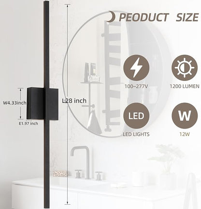 Wall Sconces Set of Two, 28 Inch Dimmable LED Wall Sconce Modern Black Sconces Set of 2 for Bathroom, Living Room, Bedroom, Hardwired 3000K (2 Pack)