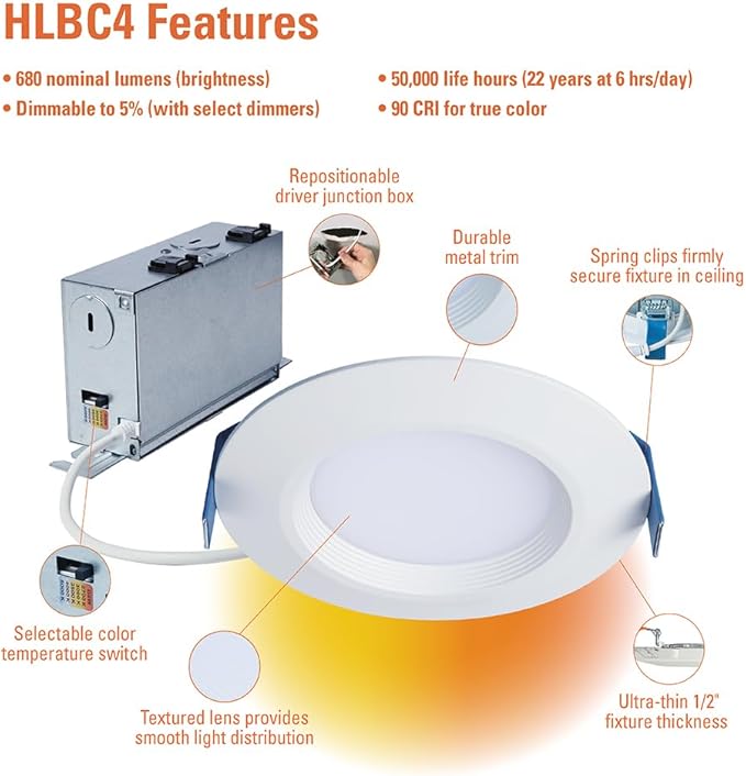 HALO HLBC 4 in Ultra-Slim Canless LED Recessed Lighting Downlight with Regressed Lens, Selectable CCT, Dim-to-Warm Technology, 600 Lumens, Wet Rated, IC Rated, Energy Star - HLBC4069FSD2W1EMW
