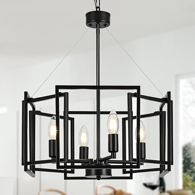 Modern Matte Geometric Black Industrial Chandelier 4 Light/E12/16.5 Inches,Small Farmhouse Pendant Lighting Fixtures for Dining Room,Kitchen Island,Bedroom,Foyer,Entryway,Stairs