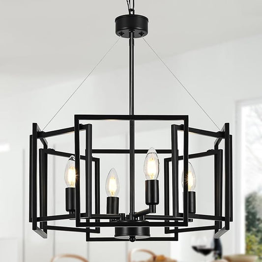 Modern Matte Geometric Black Industrial Chandelier 4 Light/E12/16.5 Inches,Small Farmhouse Pendant Lighting Fixtures for Dining Room,Kitchen Island,Bedroom,Foyer,Entryway,Stairs